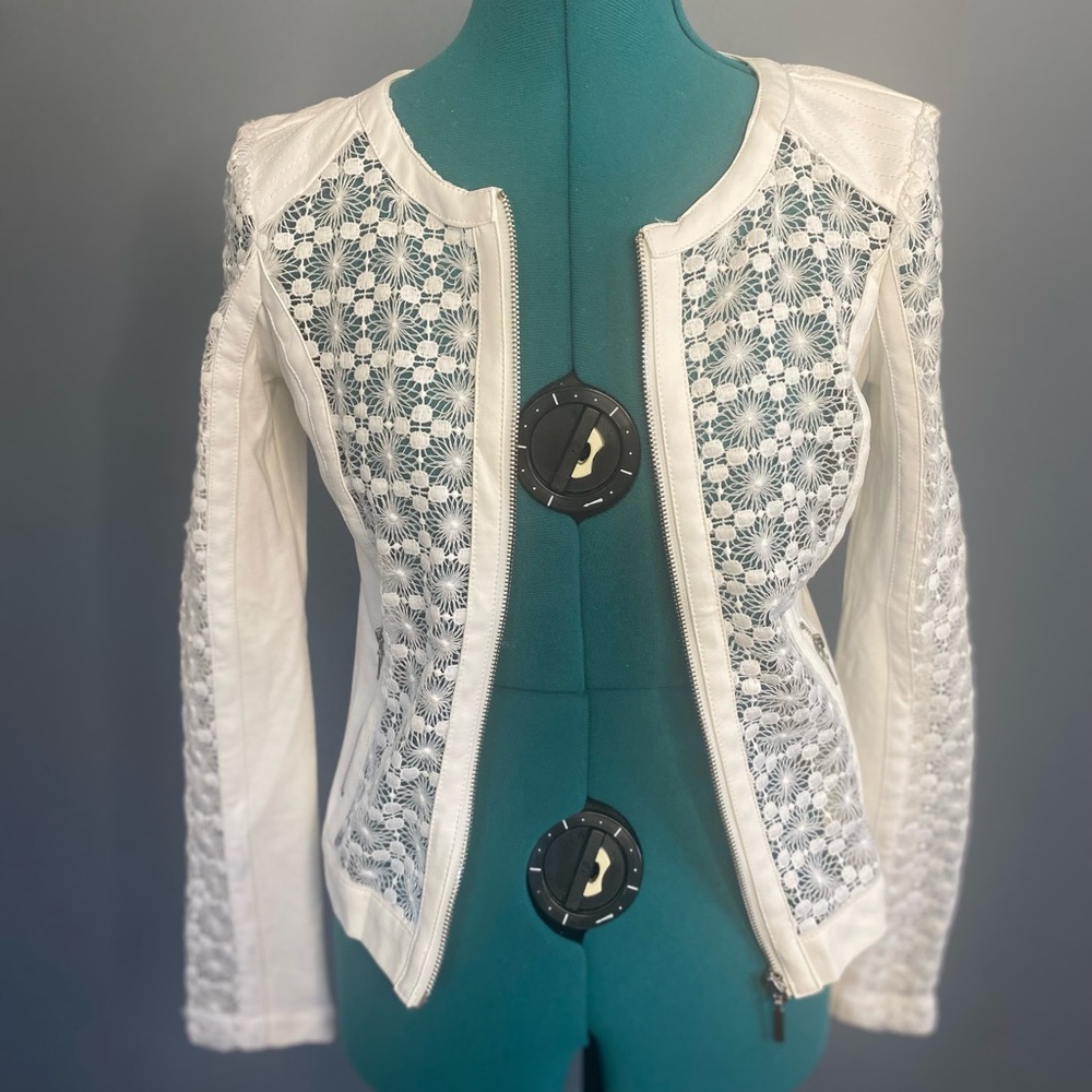 XOXO white lace and leather detail jacket size XS worn once!